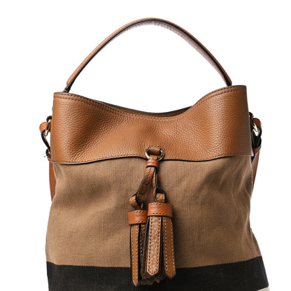 Burberry Grainy Calfskin Canvas Mega Check Medium Ashby Tassel Hobo Saddle Brown 7 of 13