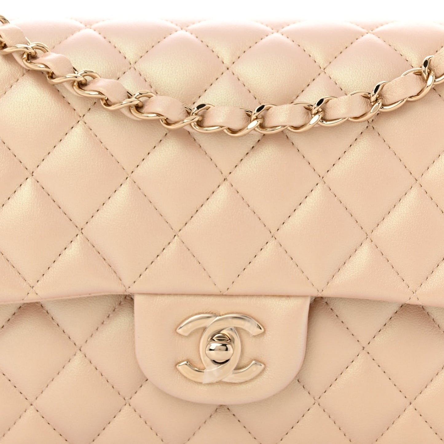 Iridescent Calfskin Quilted Medium Double Flap Beige