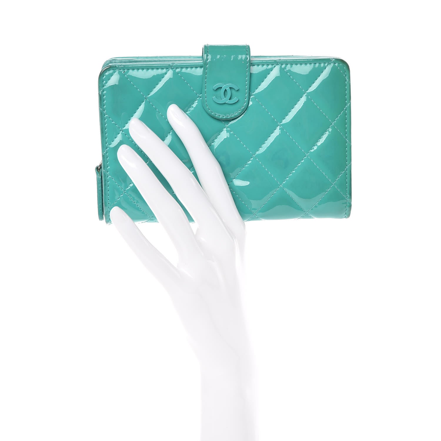 Chanel Patent Quilted Zip Pocket Wallet Turquoise 13 of 28
