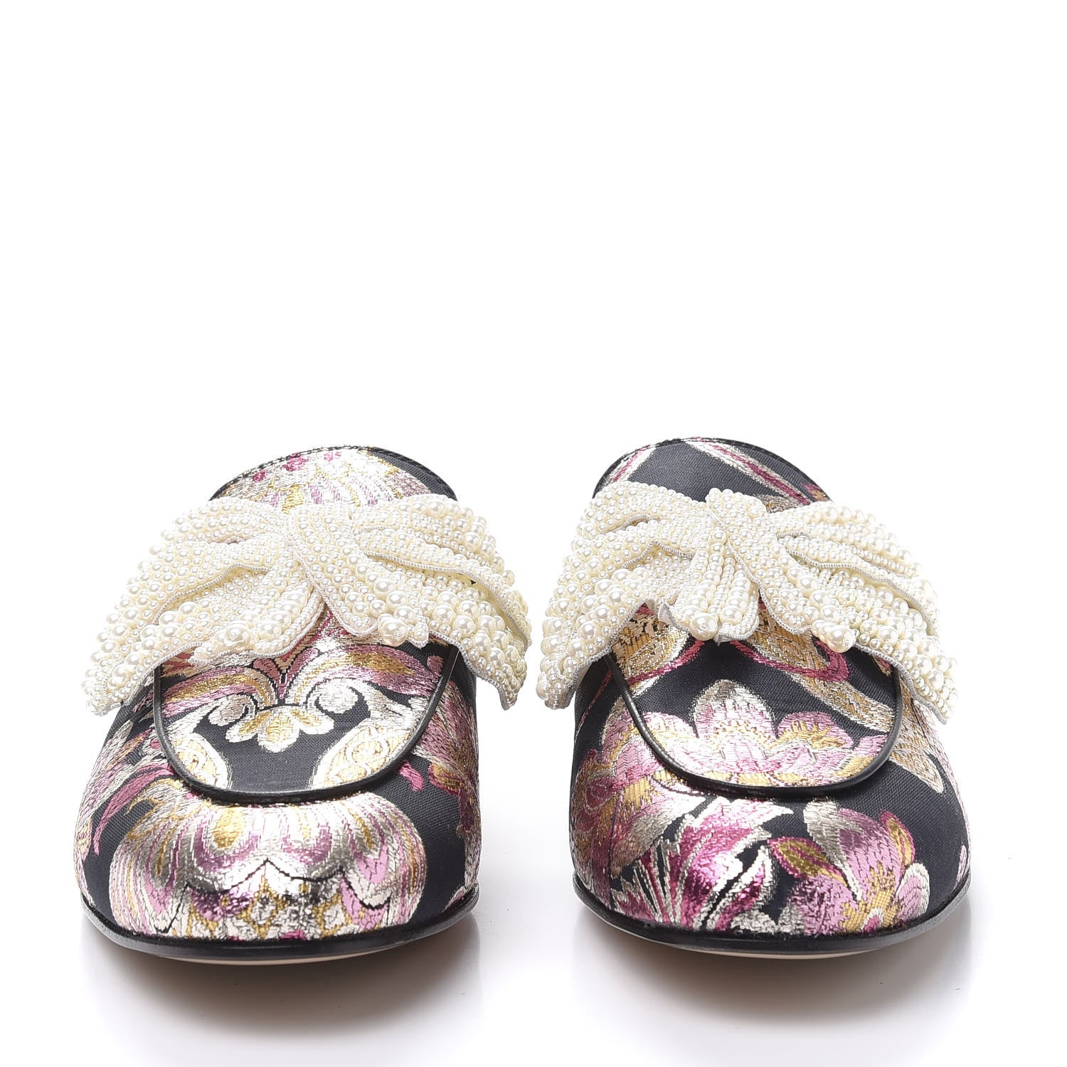 Gucci Iridescent Brocade Pearl Bow Womens Princetown Slippers 41 Black Pink 2 of 9