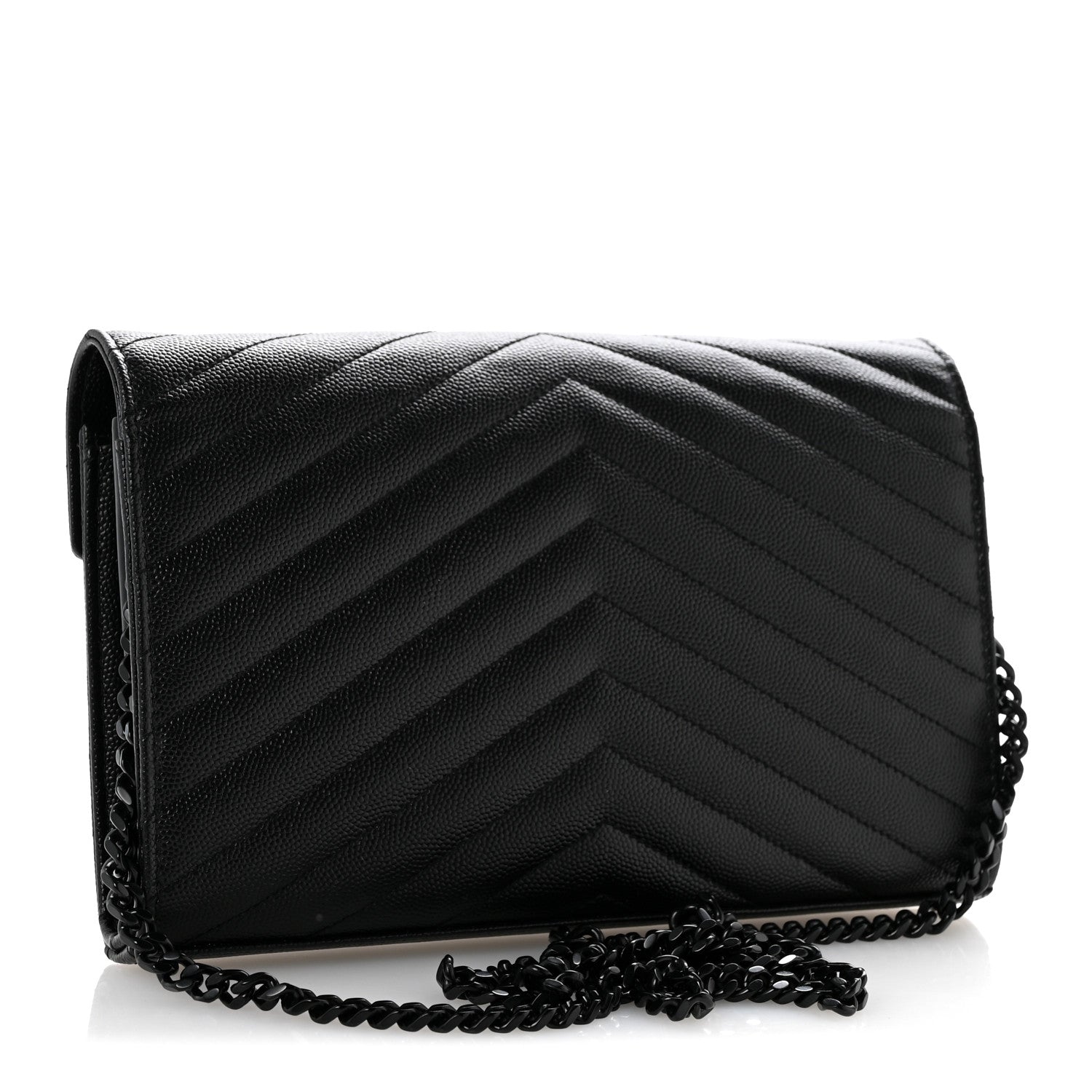 Saint Laurent Grain De Poudre Matelasse Chevron Monogram Monochrome Chain Wallet Black 3 of 12