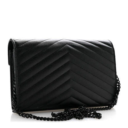 Saint Laurent Grain De Poudre Matelasse Chevron Monogram Monochrome Chain Wallet Black 3 of 12