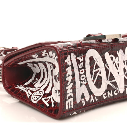 Balenciaga Crocodile Embossed Calfskin Graffiti Hourglass Top Handle Bag XS Dark Red White 8 of 9
