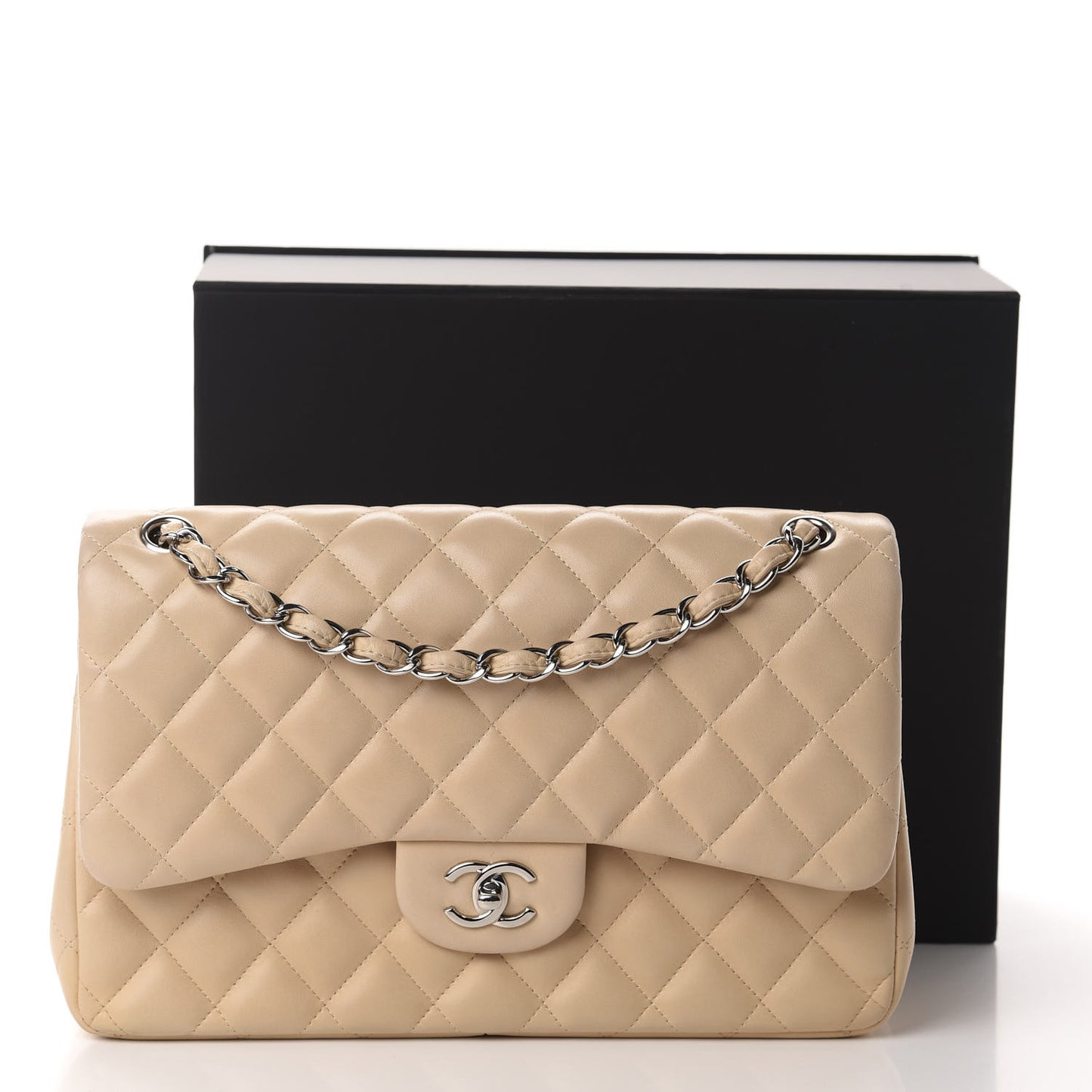 Lambskin Quilted Jumbo Double Flap Beige Clair