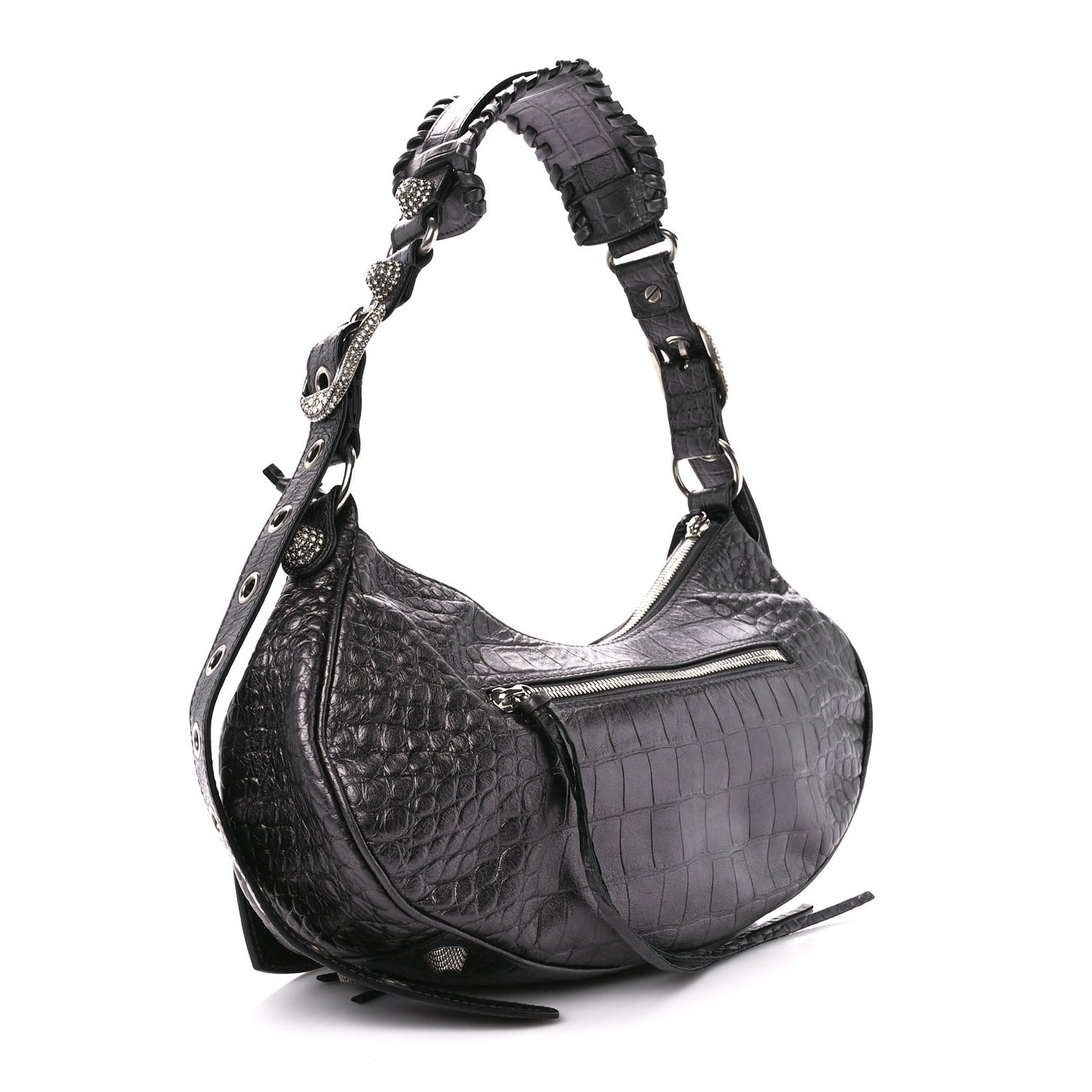 Metallic Calfskin Crocodile Embossed Crystal Small Le Cagole Shoulder Bag Gunmetal