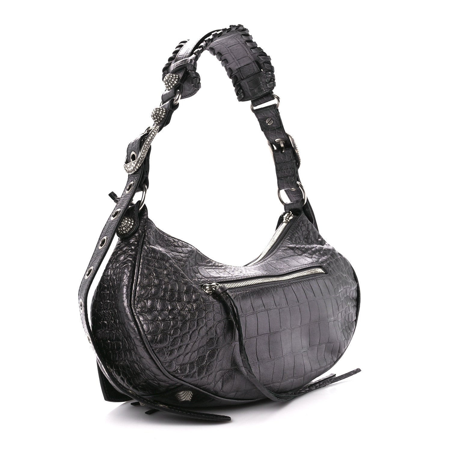 Balenciaga Metallic Calfskin Crocodile Embossed Crystal Small Le Cagole Shoulder Bag Gunmetal 3 of 14