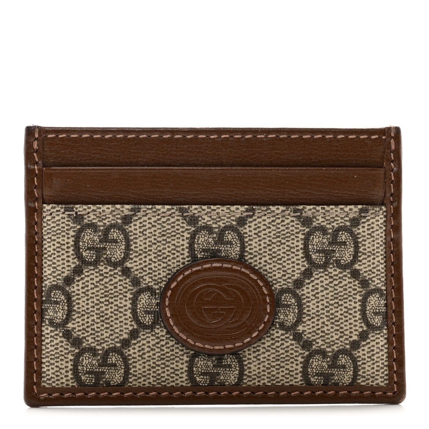 GG Supreme Monogram Azalea Calfskin Retro Interlocking G Card Holder Beige Ebony Brown Sugar