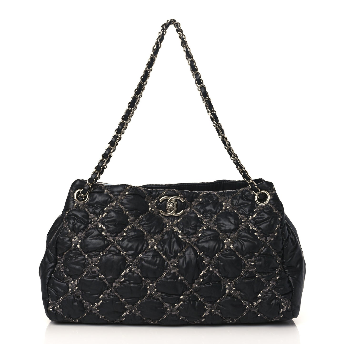 Nylon Quilted Tweed Stitch Bubble Tote Black