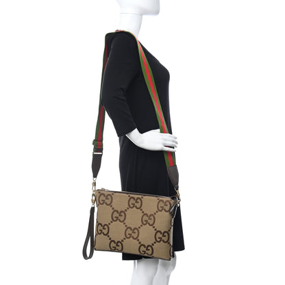 Gucci Monogram Jumbo GG Textured Dollar Calfskin Web Wristlet Messenger Bag Camel Ebony New Acero 1 of 8