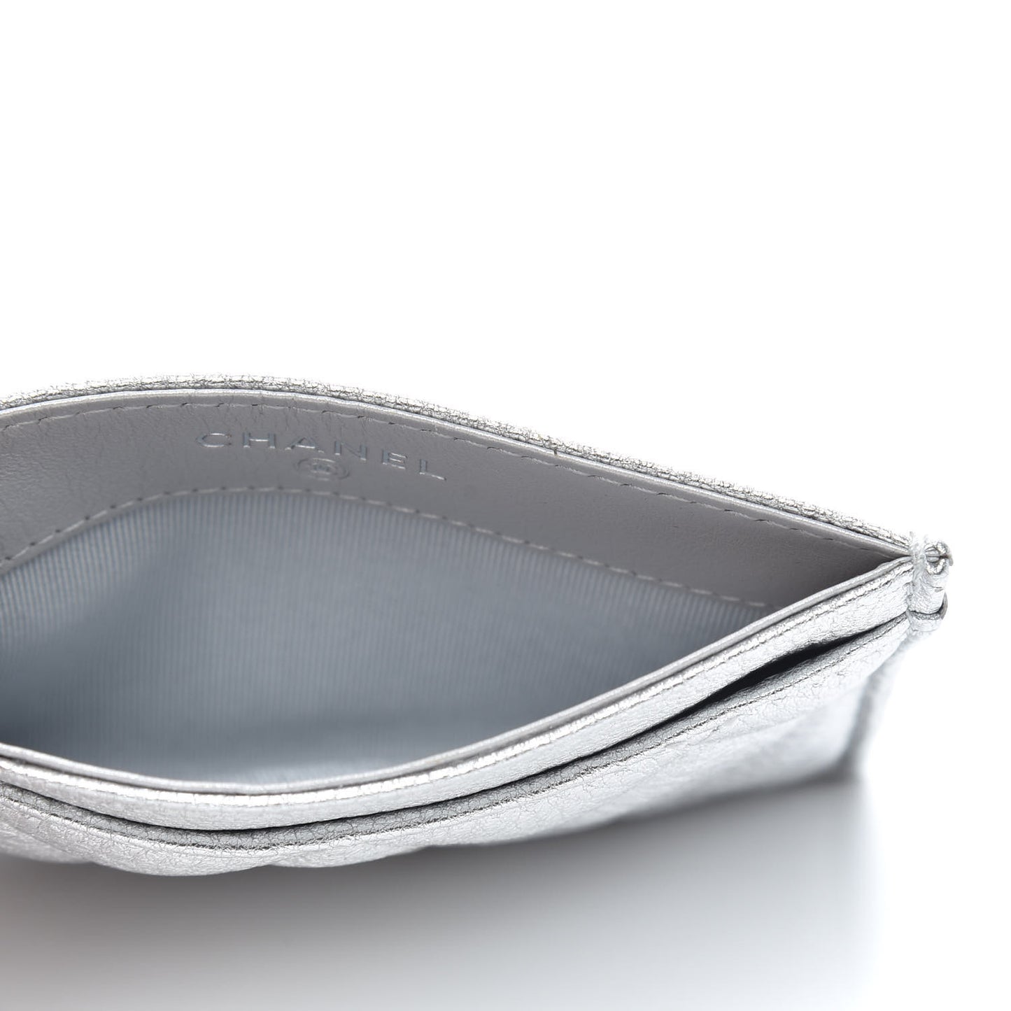 Metallic Lambskin Quilted Card Holder Silver