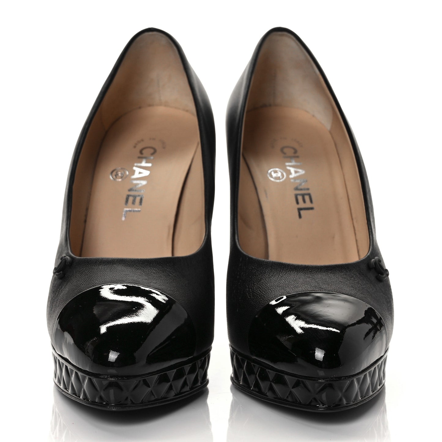Lambskin Patent CC Cap Toe Platform Quilted Pumps 38.5 Black