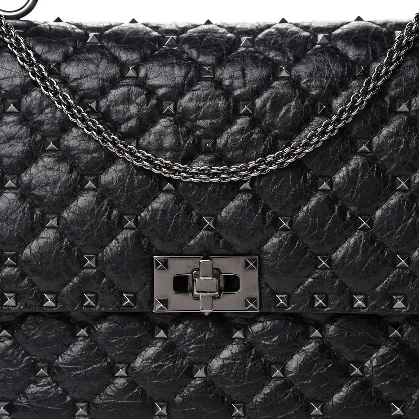 Craquele Nappa Large Rockstud Spike Shoulder Bag Black