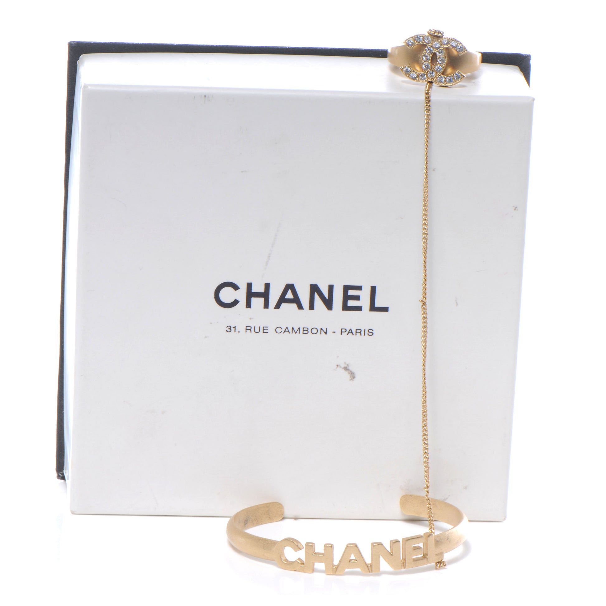 Chanel Crystal Logo Cuff w CC Ring and Chain Matte Gold 5 of 6