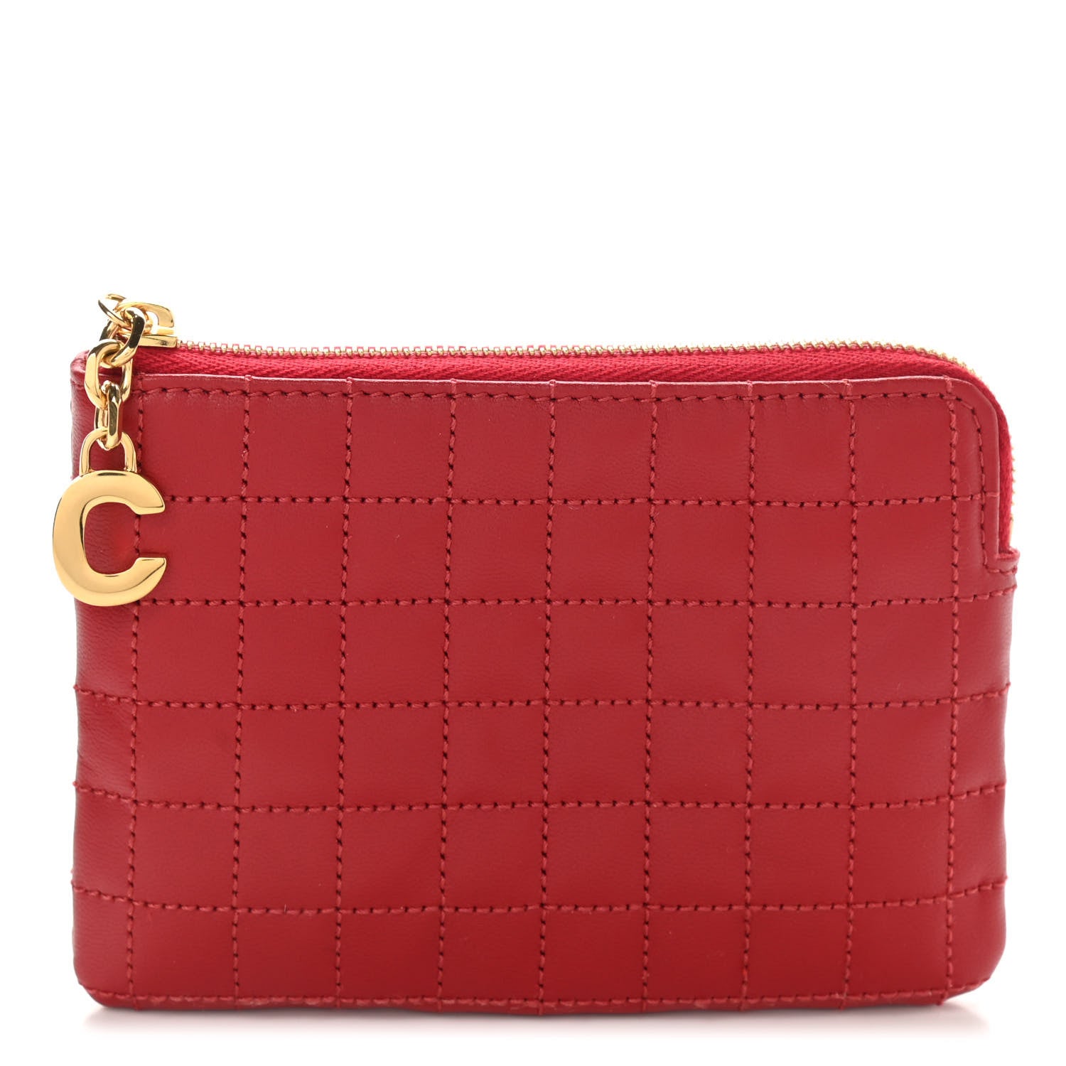 Celine Calfskin Quilted C Charm Coin Card Pouch Red 1 of 9