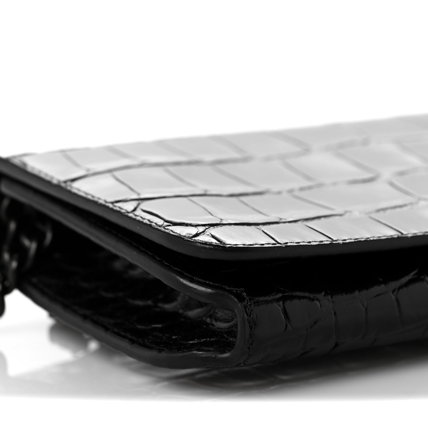 Shiny Calfskin Crocodile Embossed BB Phone Holder Wallet On Chain Black