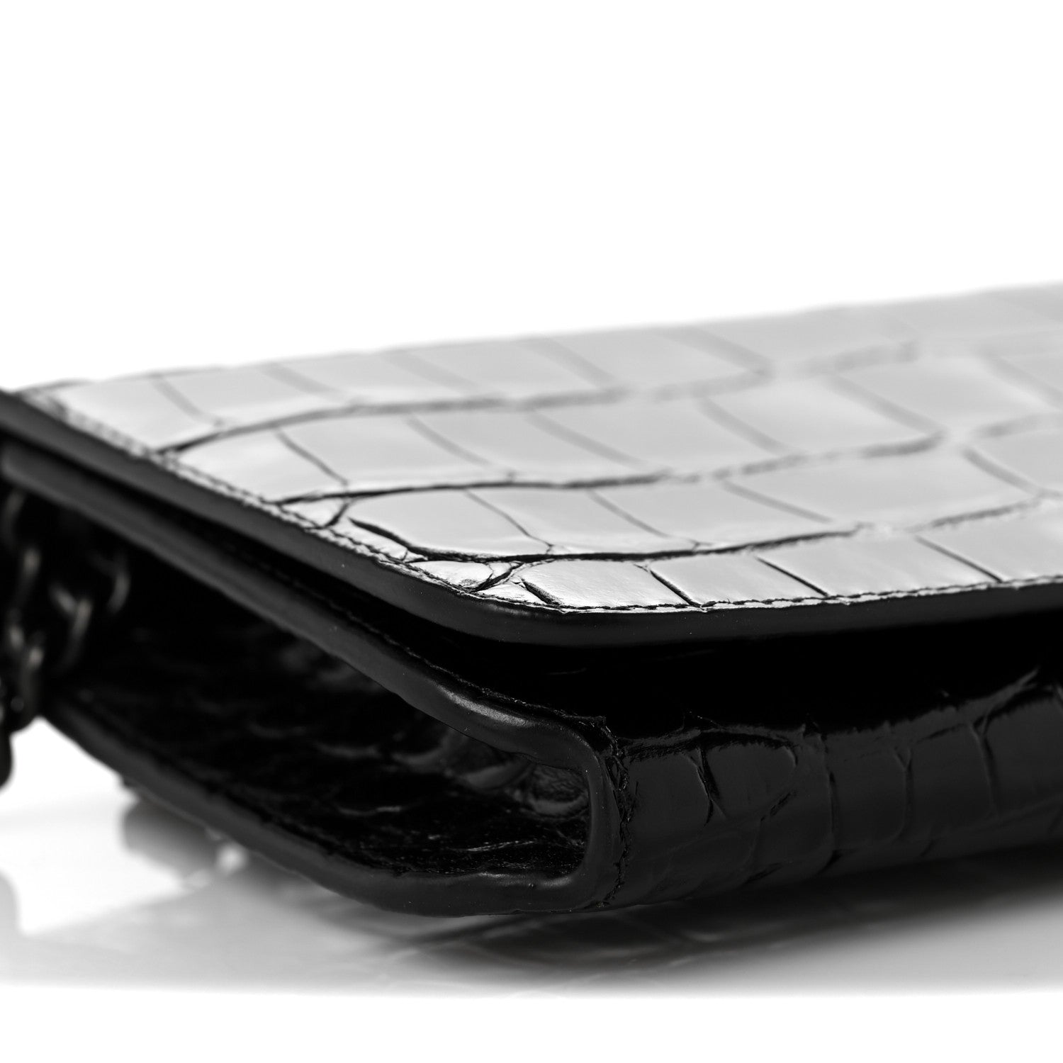 Balenciaga Shiny Calfskin Crocodile Embossed BB Phone Holder Wallet On Chain Black 6 of 8