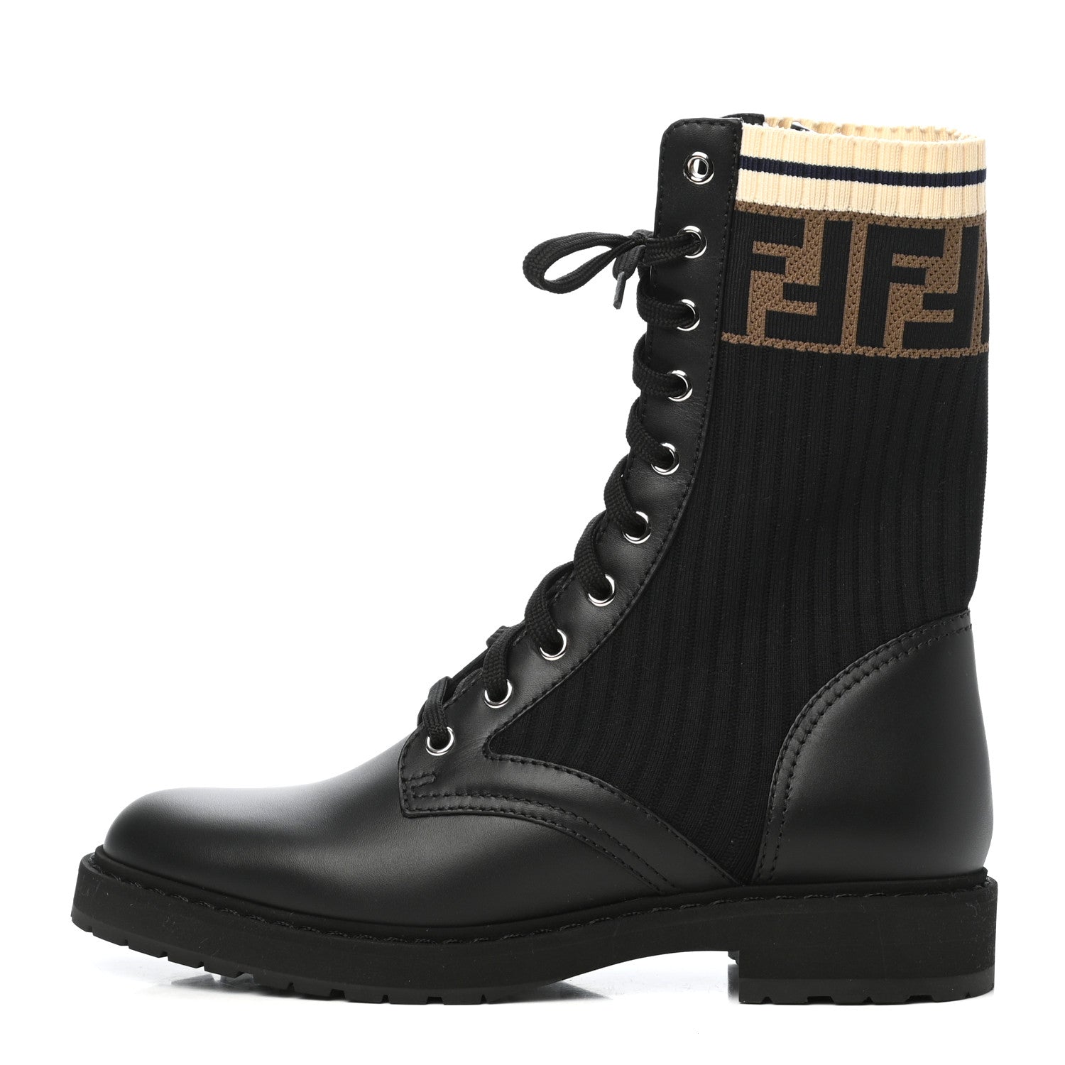 Fendi Calfskin Stretch Fabric Rockoko Biker Boots 38 Tobacco Black Marino 1 of 6