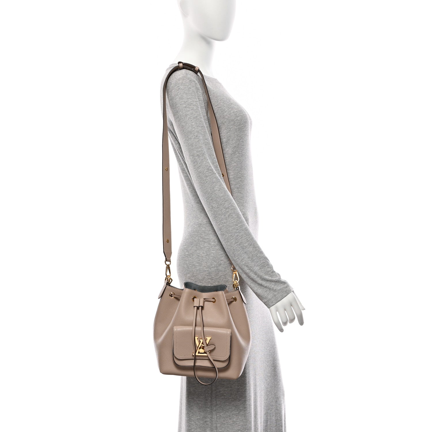 Louis Vuitton Calfskin Lockme Bucket MM Greige 2 of 9
