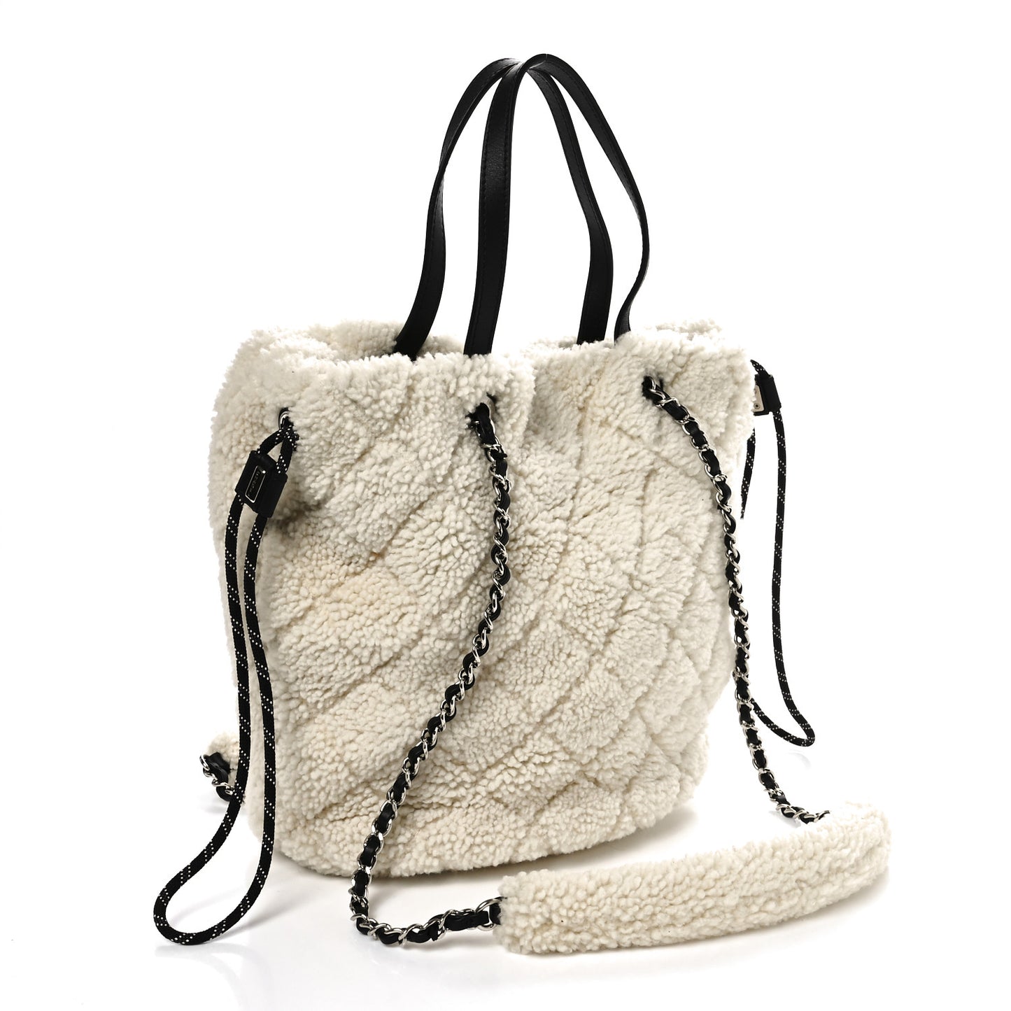 Shearling Sheepskin Tweed Large Coco Neige Tote White Black