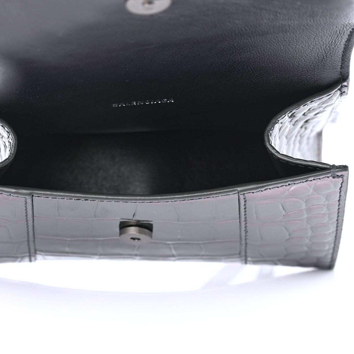 Shiny Calfskin Crocodile Embossed Hourglass Top Handle Bag XS Gunmetal