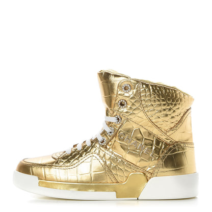 Chanel Metallic Calfskin Crocodile Embossed Cocodile High Top Sneakers 37 Gold 1 of 8