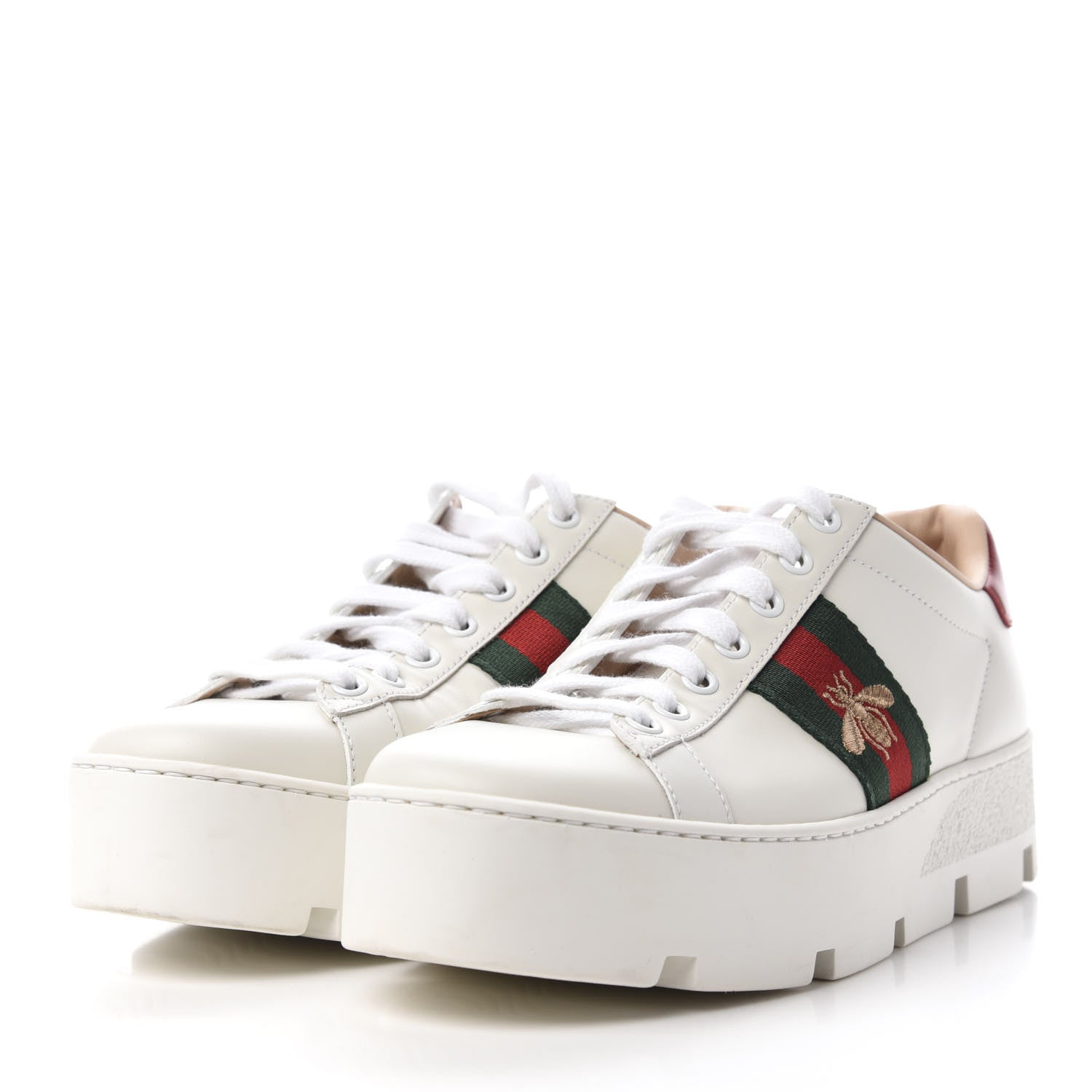 Gucci Calfskin Web Bee Embroidered Womens Ace Platform Sneakers 37.5 White 3 of 11