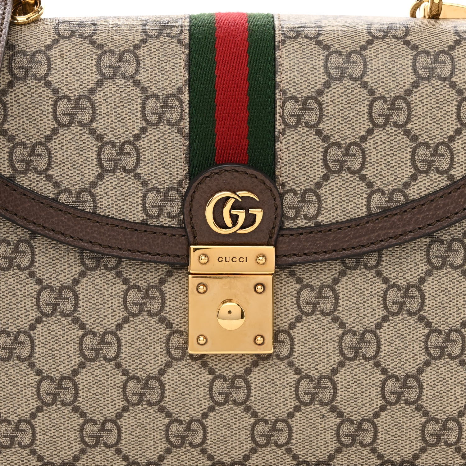 Gucci GG Supreme Monogram Textured Dollar Calfskin Web Small Ophidia Padlock Top Handle Bag Beige Ebony New Acero 8 of 11