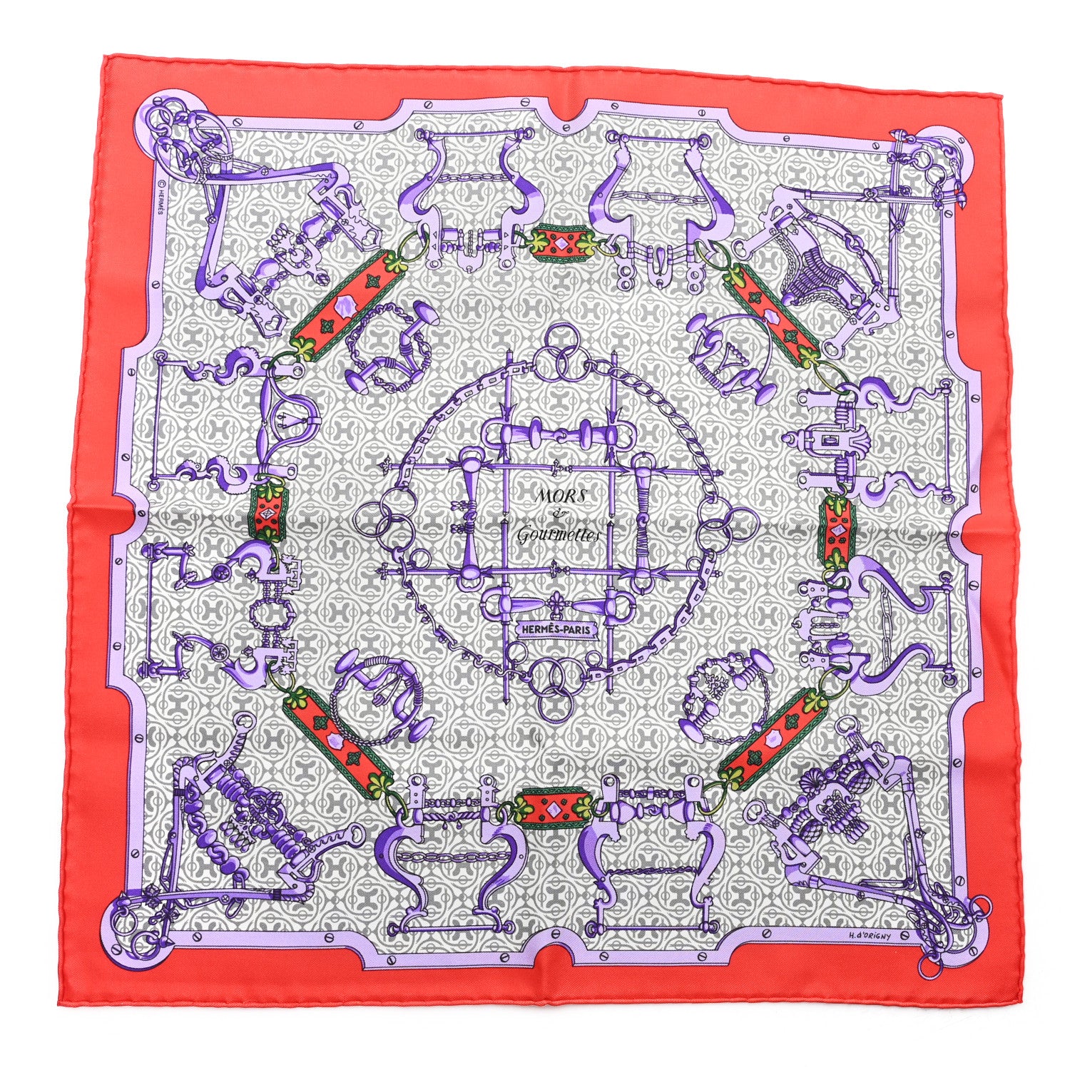 Hermes Silk Mors et Gourmettes Pocket Square 45 Rouge Violet Vert
