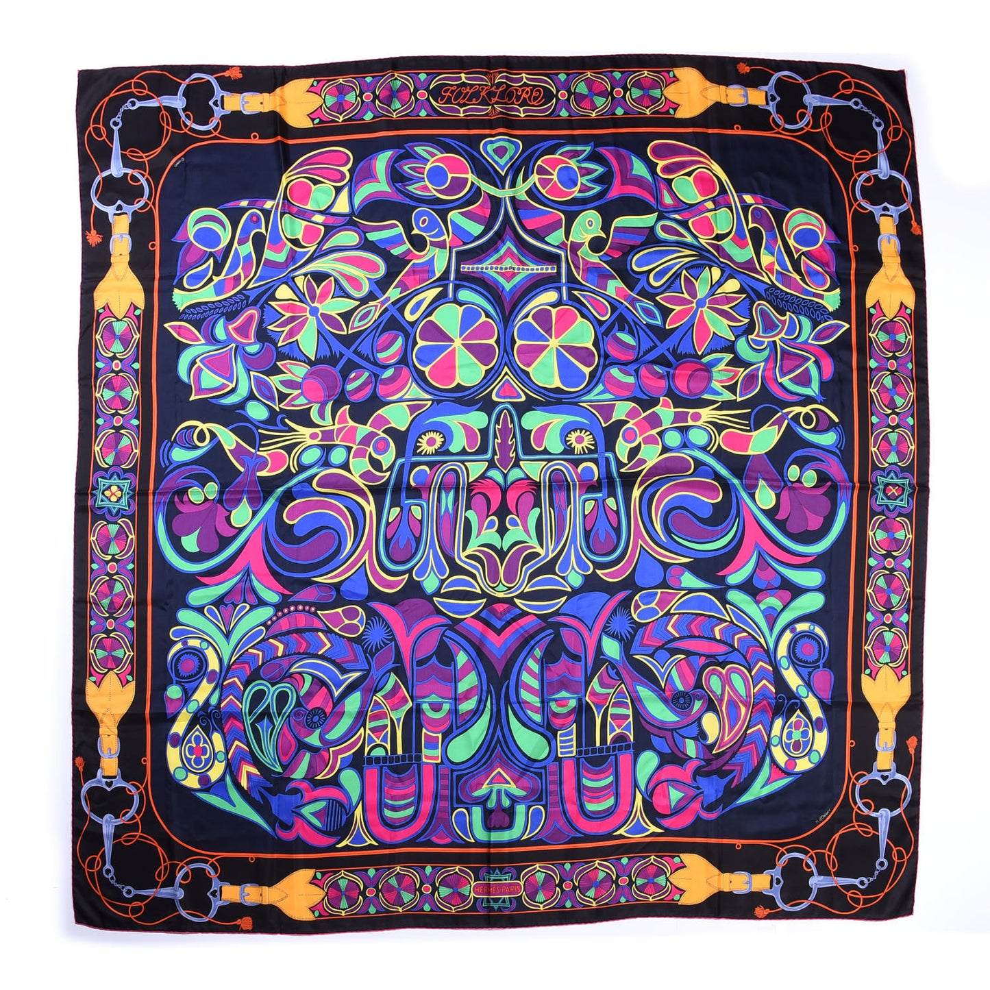 Silk Folklore Scarf 140 Caban Black Fuchsia