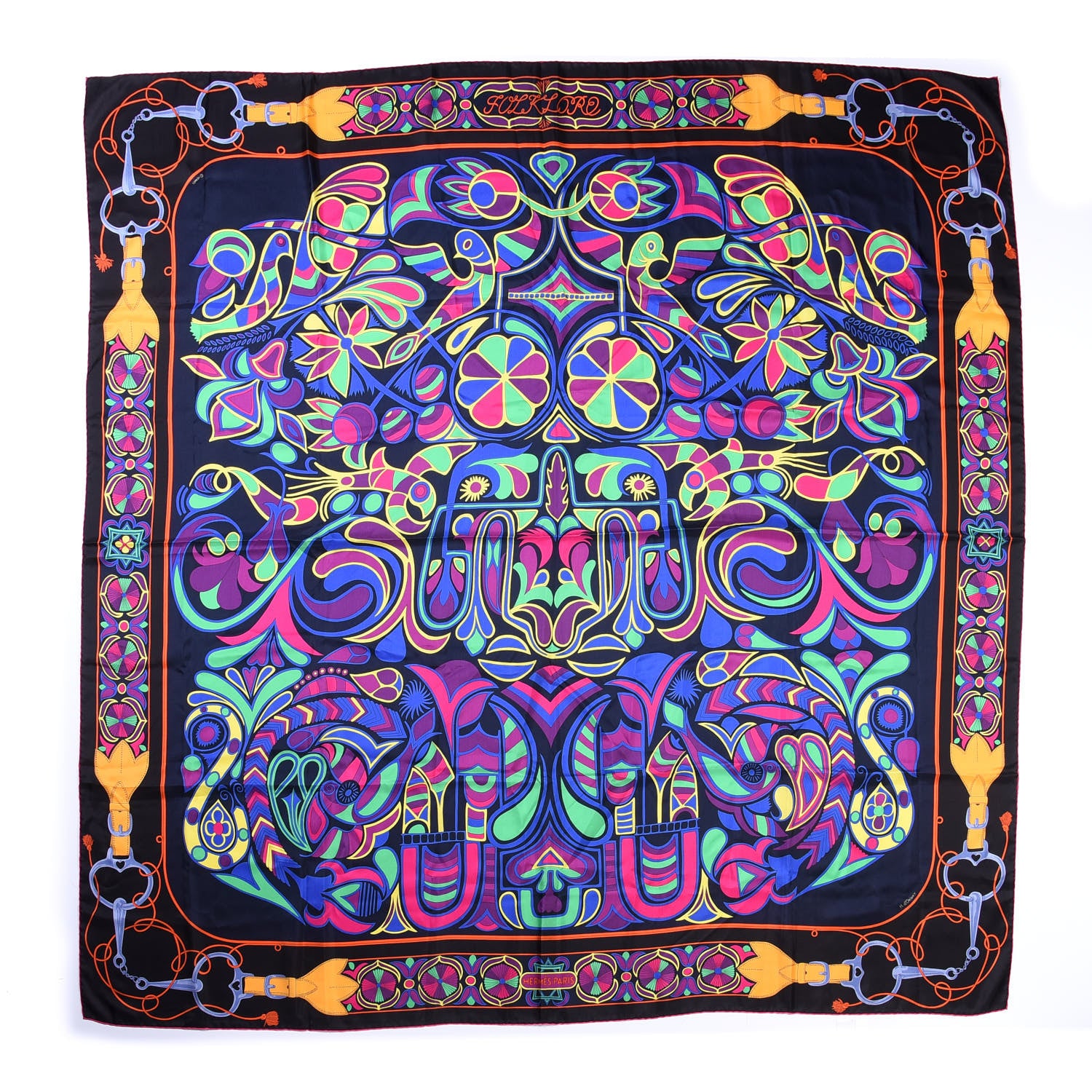 Hermes Silk Folklore Scarf 140 Caban Black Fuchsia 1 of 4