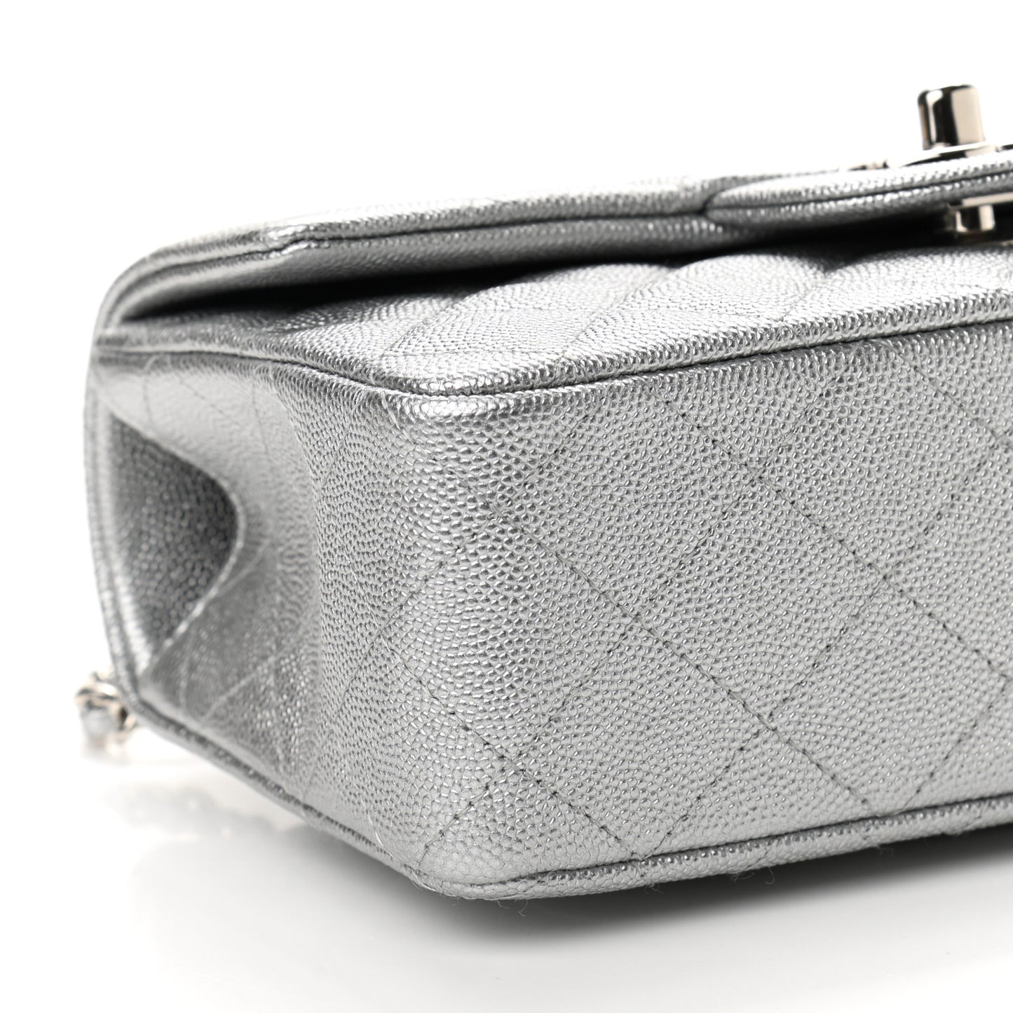Metallic Caviar Quilted Mini Top Handle Rectangular Flap Silver