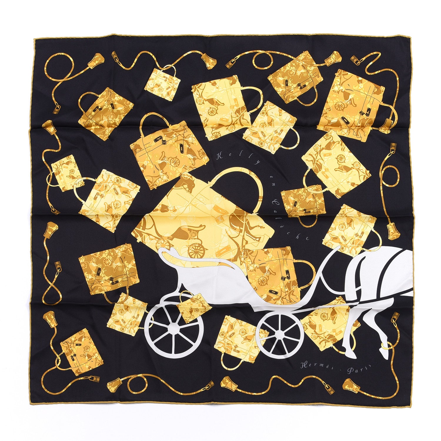 Hermes Silk Kelly En Caleche Scarf 70 Black Jaune Citron 1 of 4