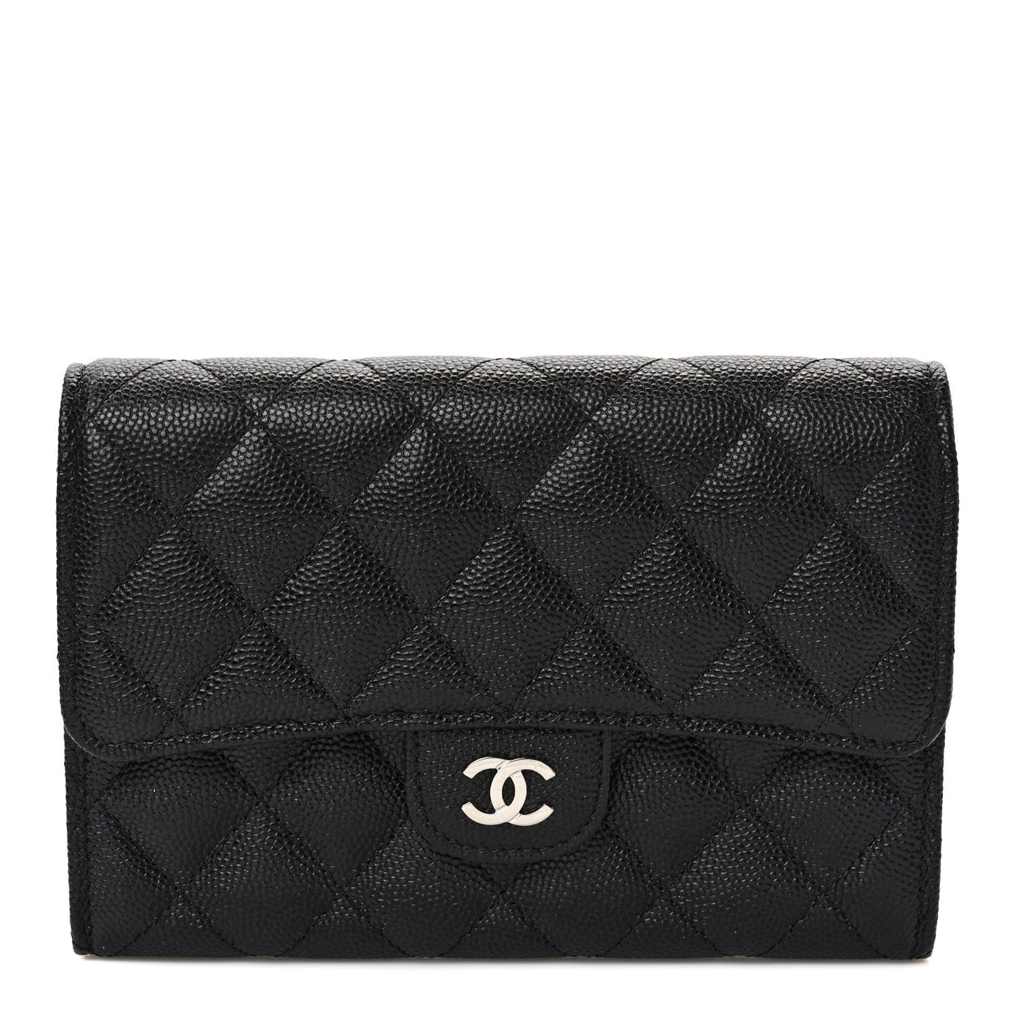 Caviar Quilted Large Gusset Flap Wallet Black