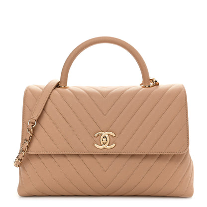 Chanel Caviar Chevron Quilted Medium Coco Handle Flap Beige 1 of 10