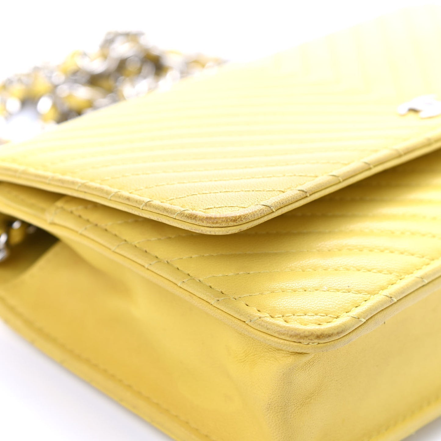 Lambskin Chevron Quilted Wallet On Chain WOC Yellow