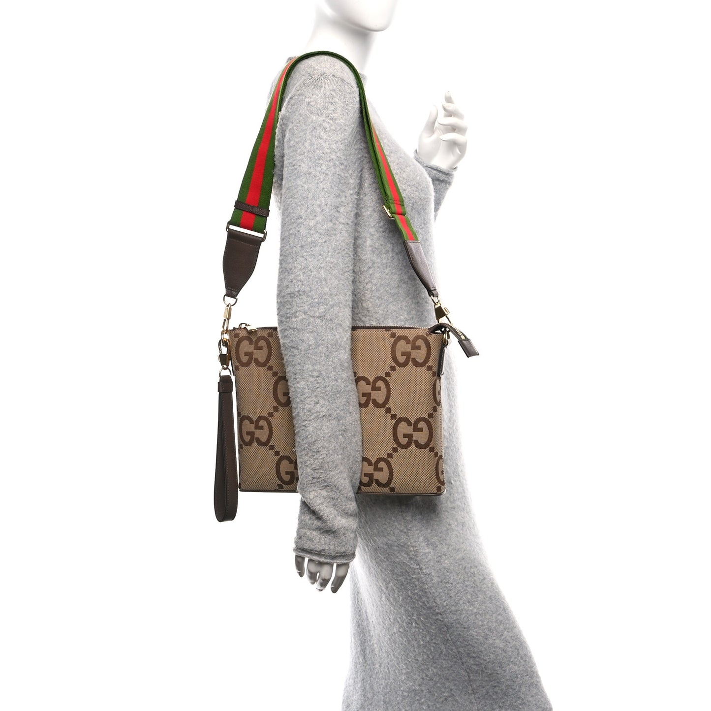 Monogram Jumbo GG Textured Dollar Calfskin Web Wristlet Messenger Bag Camel Ebony New Acero