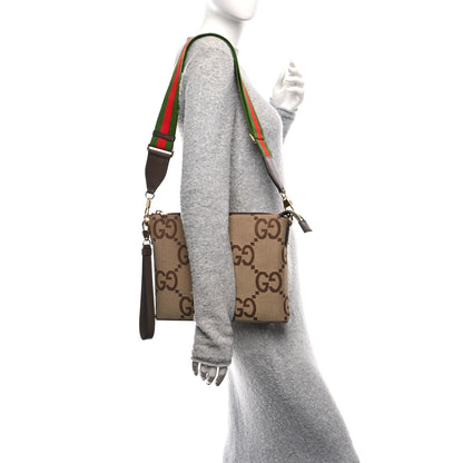 Gucci Monogram Jumbo GG Textured Dollar Calfskin Web Wristlet Messenger Bag Camel Ebony New Acero 2 of 10