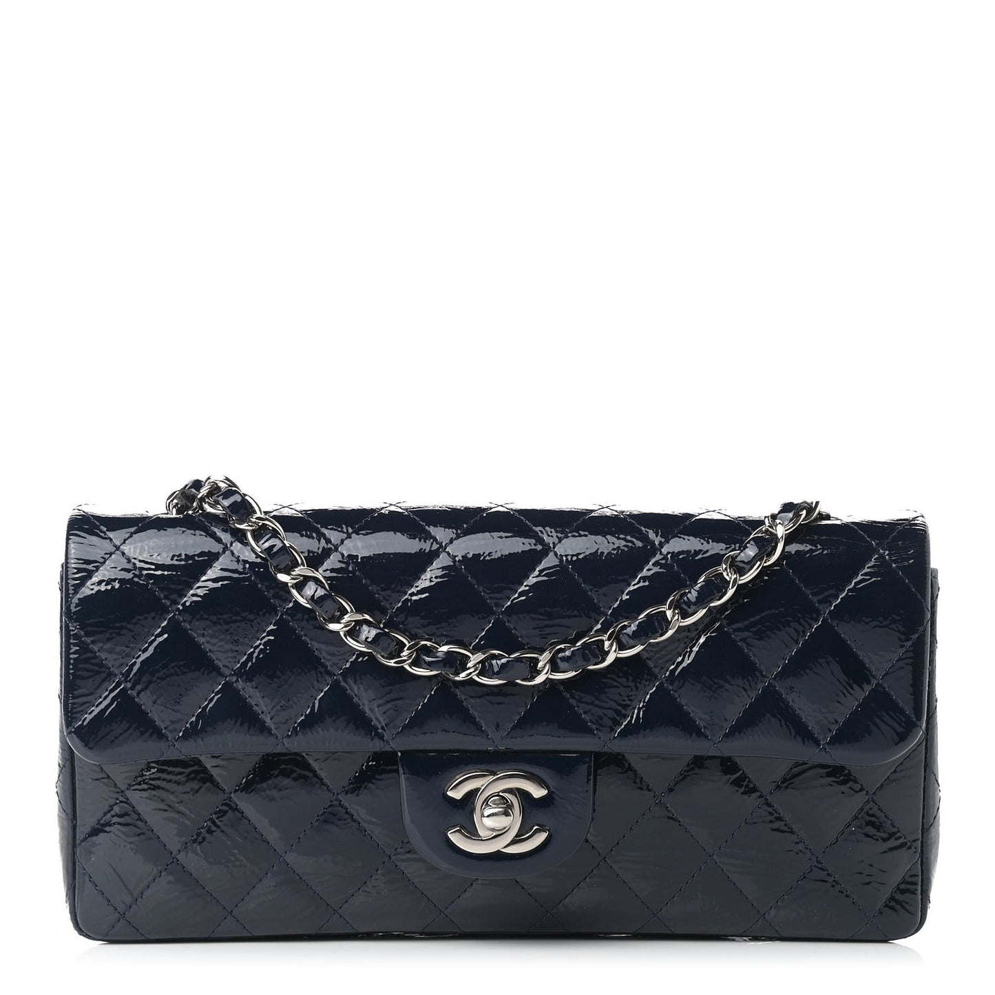 Distressed Patent Quilted East West Flap Navy Blue