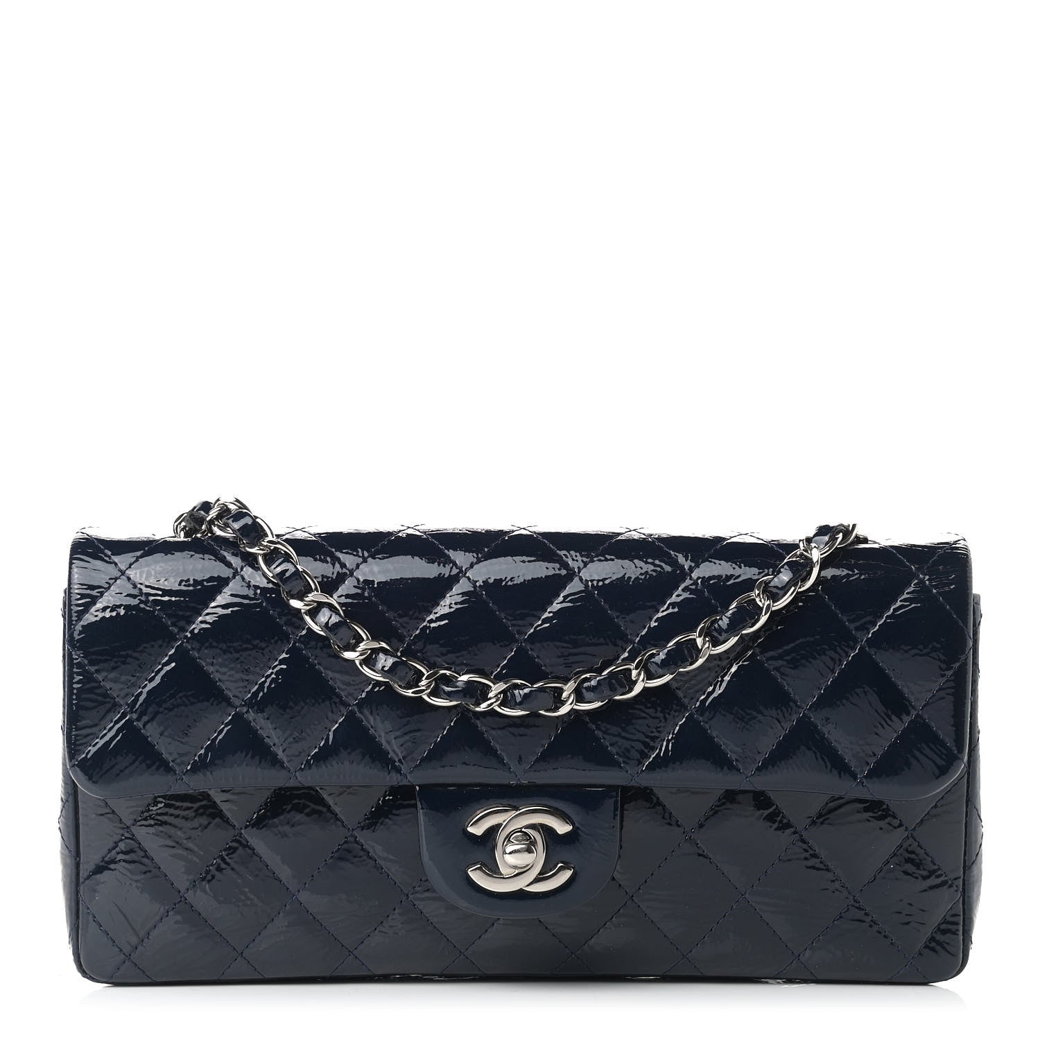 Chanel Distressed Patent Quilted East West Flap Navy Blue 1 of 15
