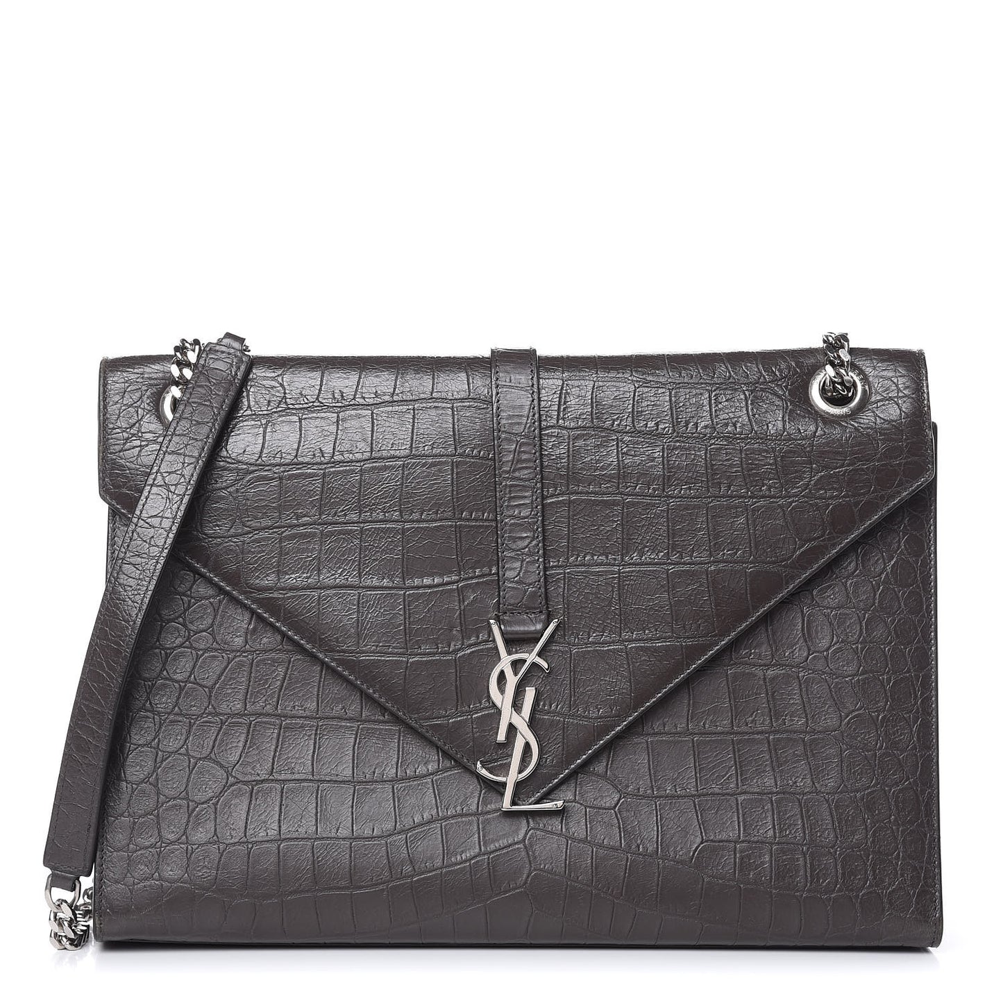 Calfskin Crocodile Embossed Large Monogram Satchel Fog