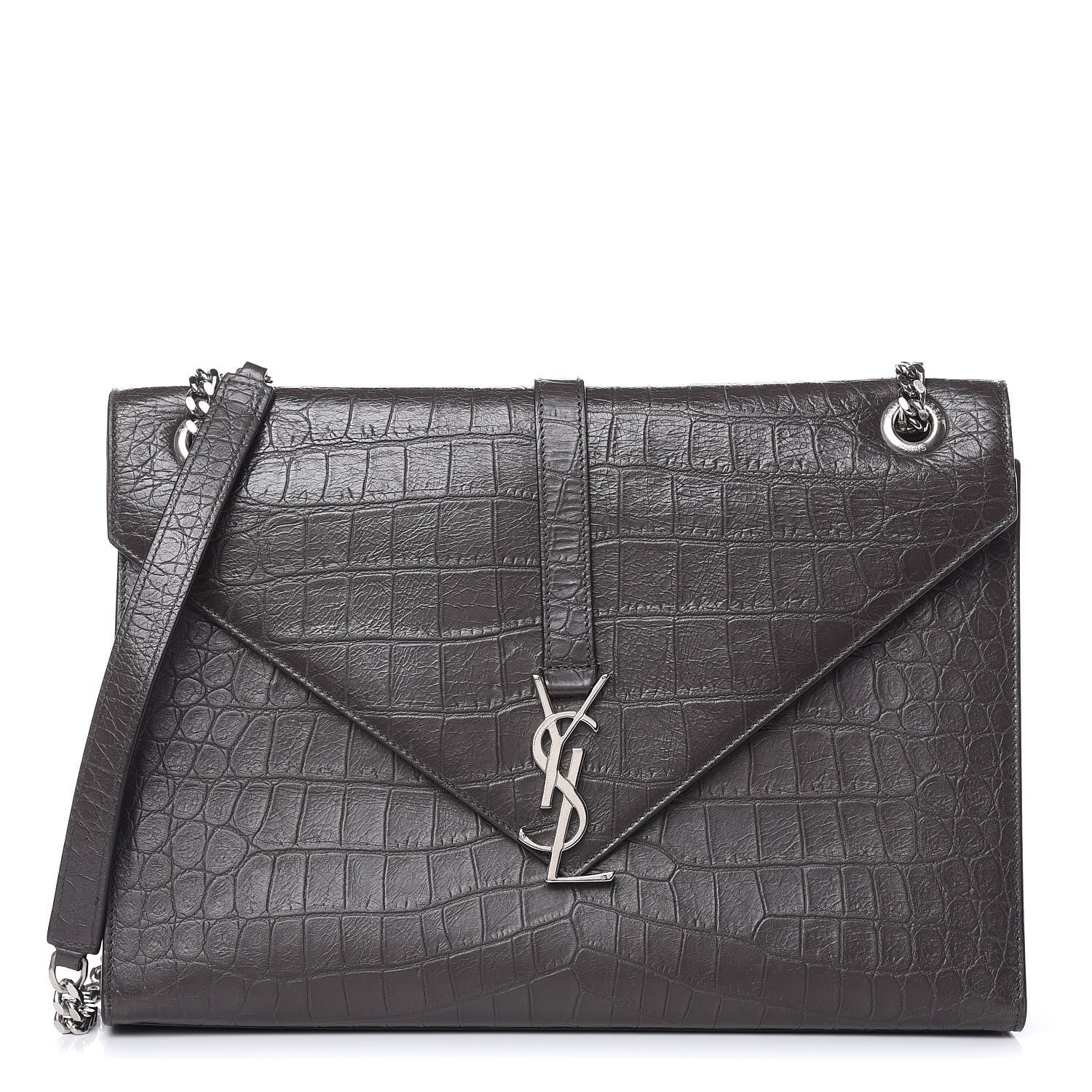 Saint Laurent Calfskin Crocodile Embossed Large Monogram Satchel Fog 1 of 20