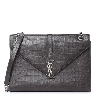 Saint Laurent Calfskin Crocodile Embossed Large Monogram Satchel Fog 1 of 20
