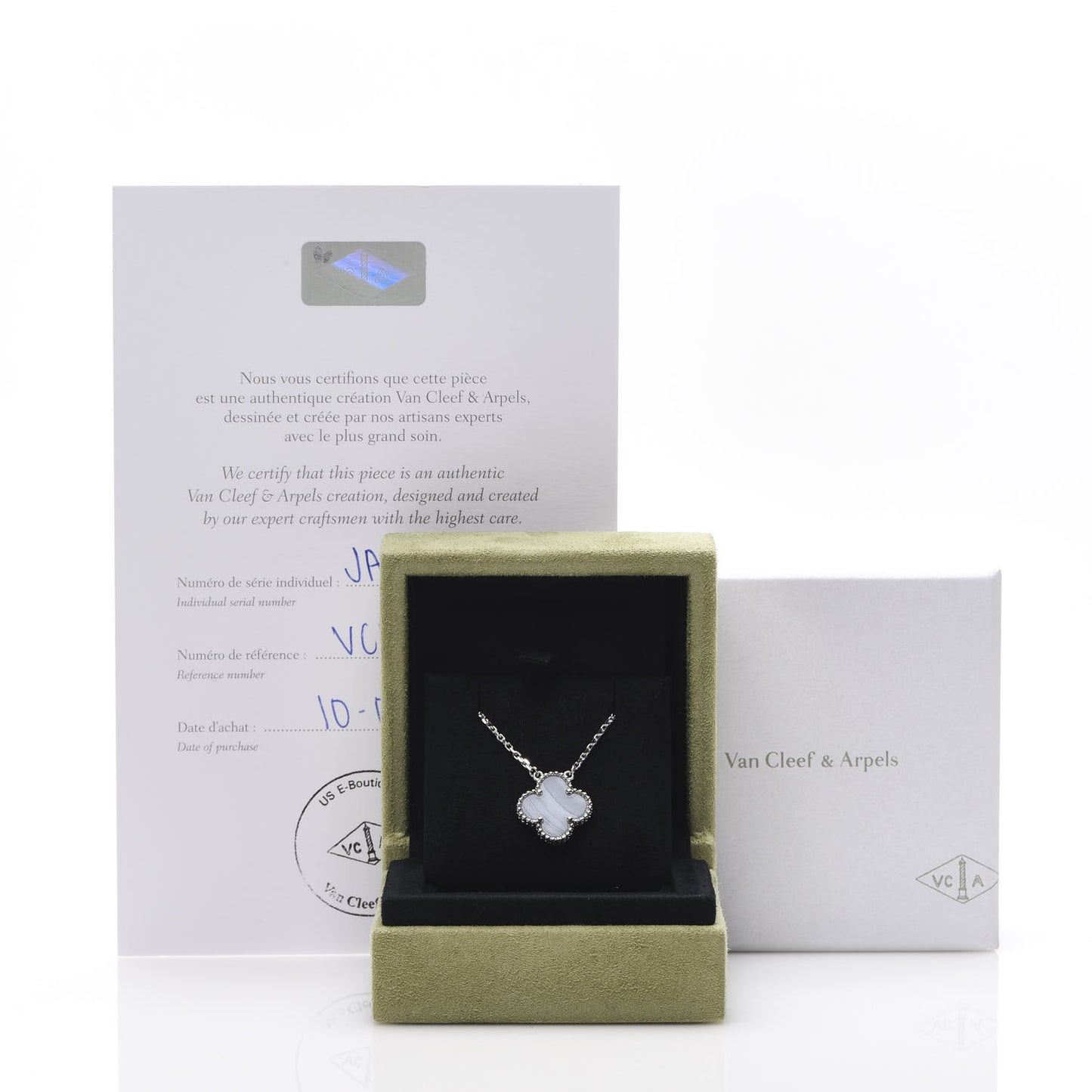 18K White Gold Chalcedony Vintage Alhambra Pendant Necklace