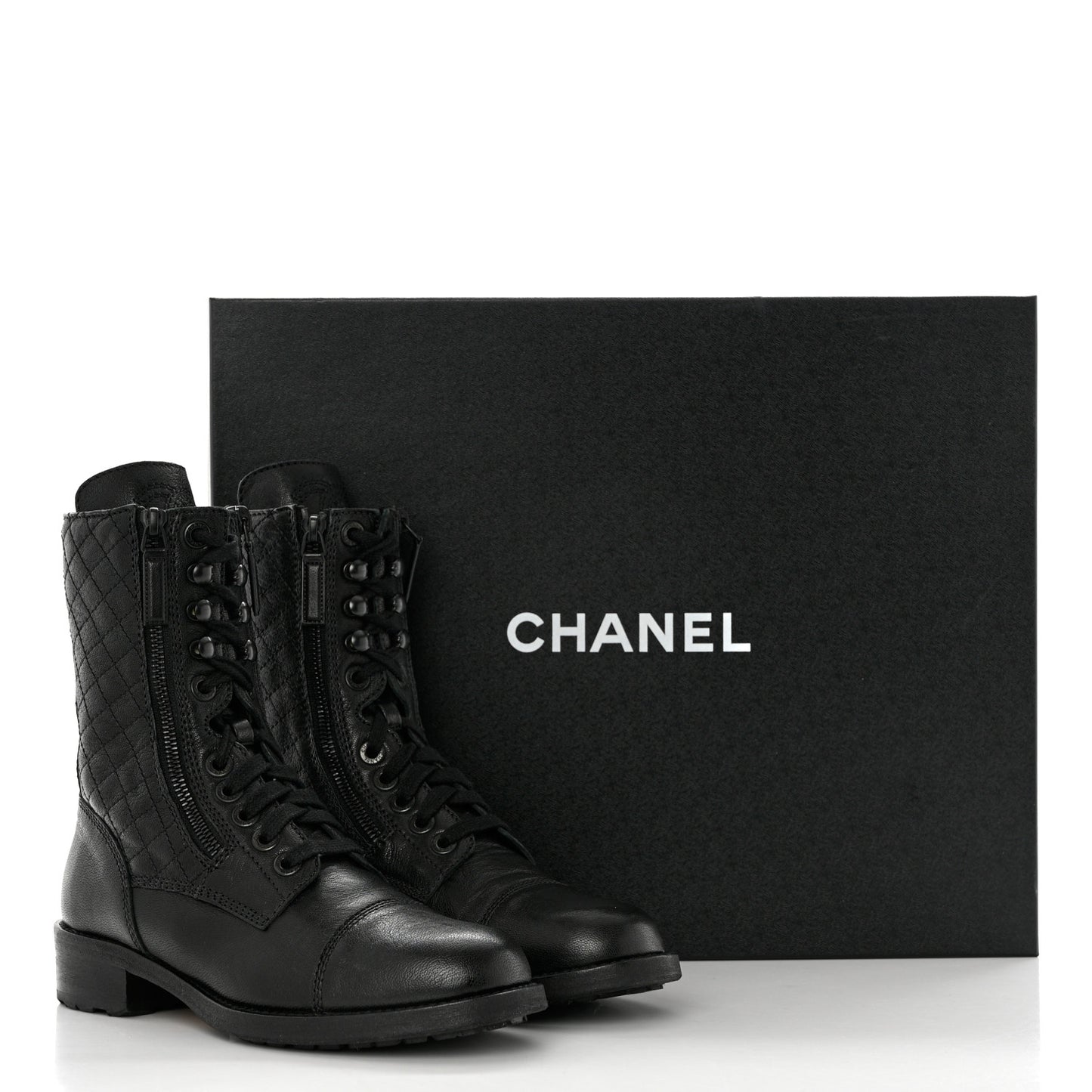 Sheepskin Quilted CC Tall Lace Up Combat Boots 37.5 Black