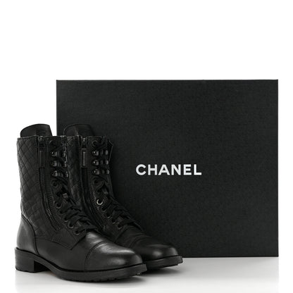 Chanel Sheepskin Quilted CC Tall Lace Up Combat Boots 37.5 Black 9 of 9