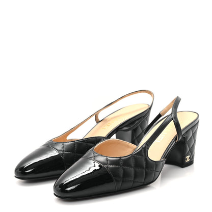 Chanel Lambskin Patent Calfskin Quilted Cap Toe CC Slingback Pumps 39 Black 4 of 9