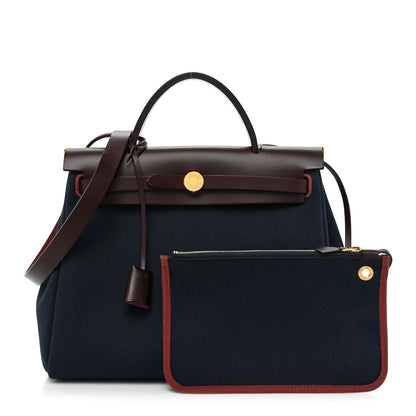 Hermes Toile Militaire Vache Hunter Herbag Zip Retourne 31 PM Rouge Sellier Bleu Marine 1 of 10