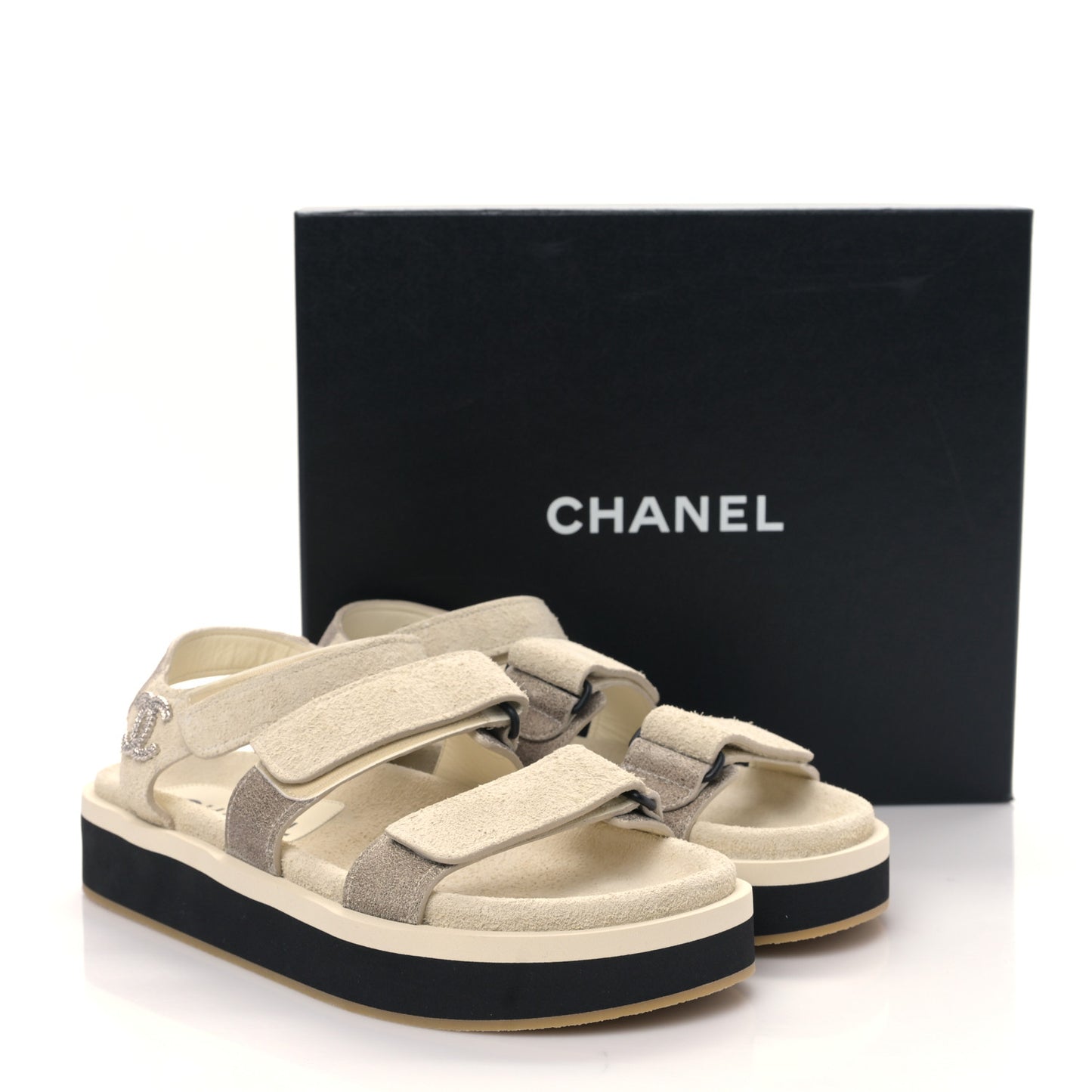 Suede Calfskin Velcro Flat Sandals 40 Ecru Dark Beige