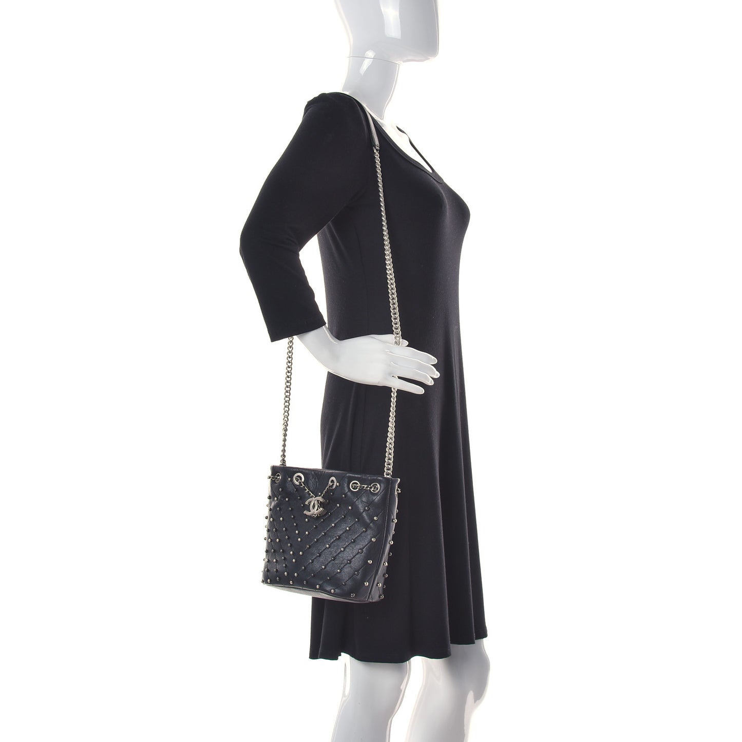 Lambskin Studded Chevron Quilted Small Stud Wars Drawstring Bag Black