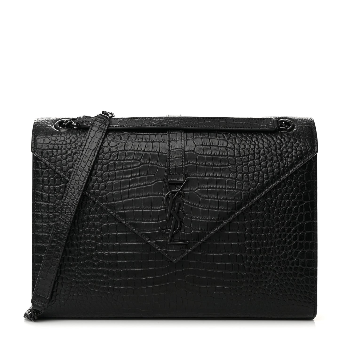 Calfskin Crocodile Embossed Monogram Large Satchel Black